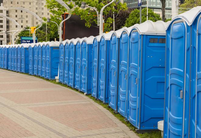 a line of portable restrooms set up for a wedding or special event, ensuring guests have access to comfortable and clean facilities throughout the duration of the celebration in Baldwin